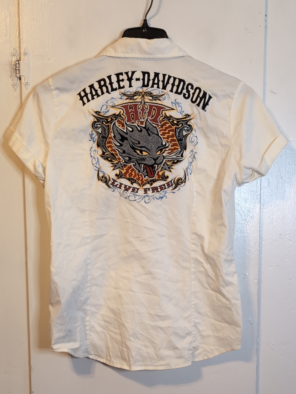 '11 Harley Davidson Back Patch Button-Up Short Sleeve shirt womens medium